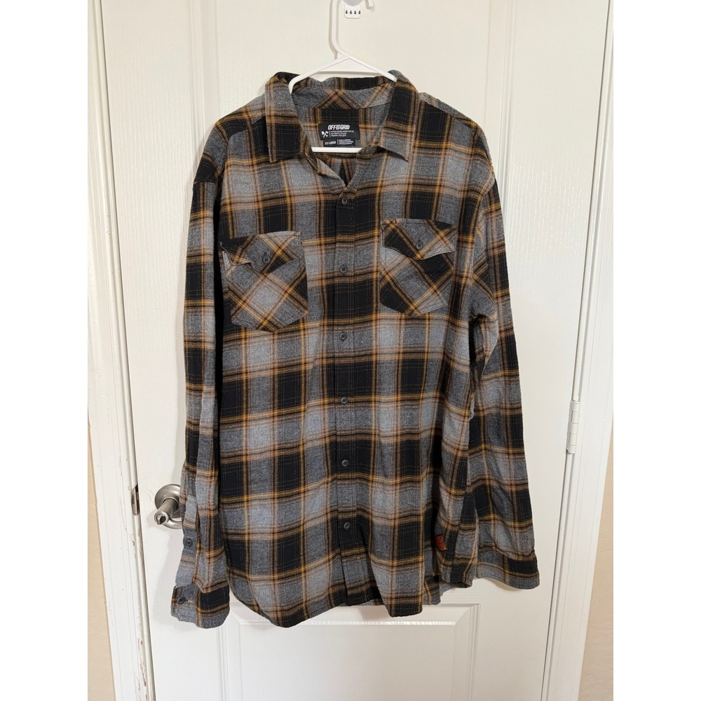 Off The Grid Mens XXL Plaid Flannel Button Down Shirt Black Grey Yellow OTG